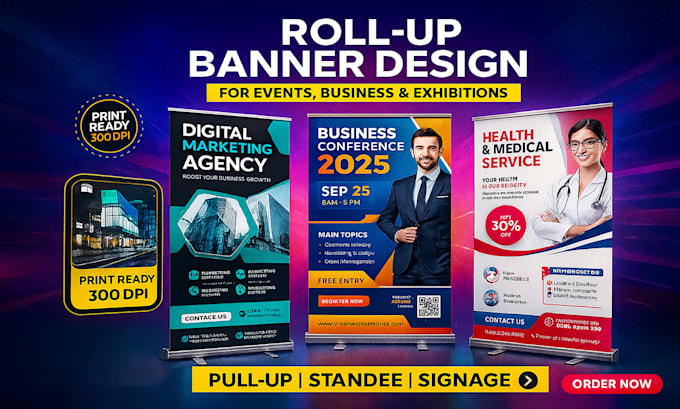 design professional roll up banner, pull up banner, standee, and signage