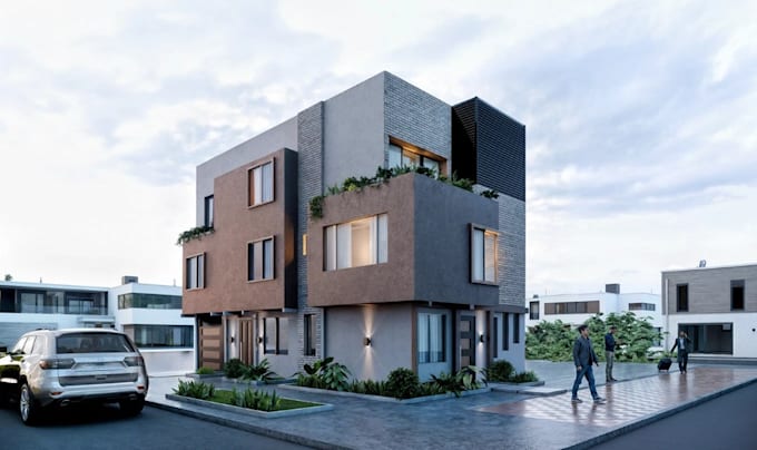 revamp 3d terrace house, exterior elevation, balcony greeney decor, cgi render