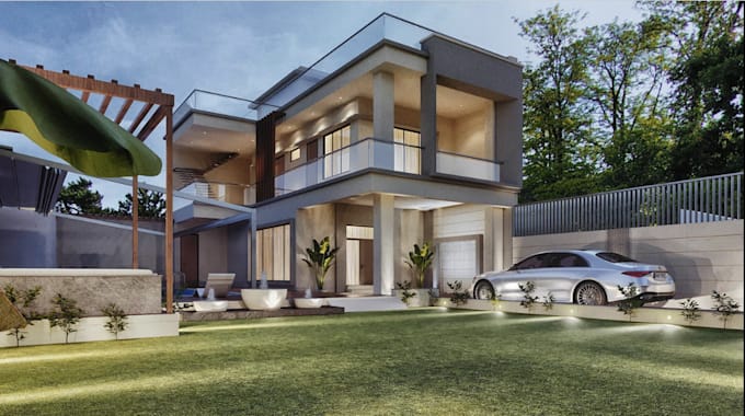 redesign 3d exterior layout, side pool, patio, rooftop, landscape, packing space