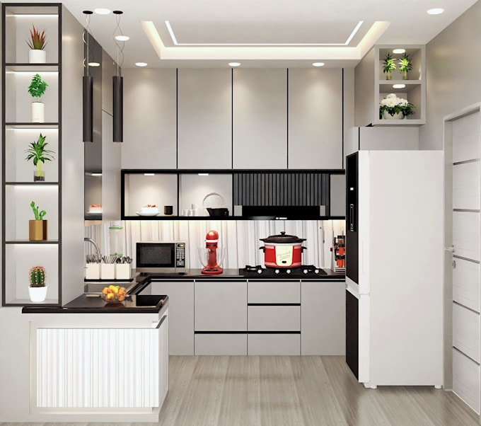 design modern kitchen interior with 3d realistic rendering