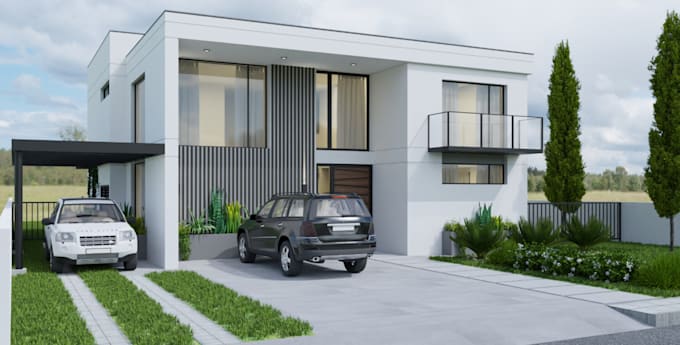 remodel house exterior, front elevation pool, real estate site plan cgi renders