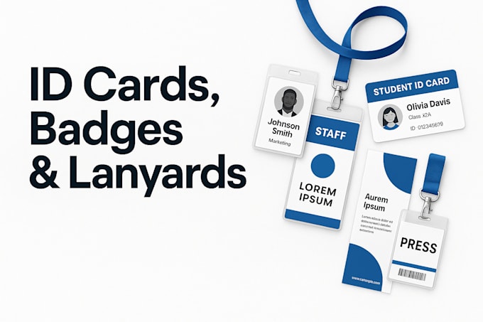 Design professional id cards, staff badges lanyards rack and press ...