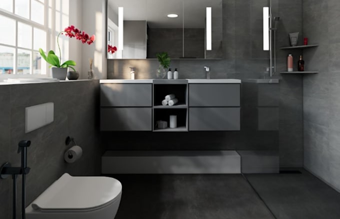 redesign 3d old bathroom to latest design,powder room,sink storage,shower niches