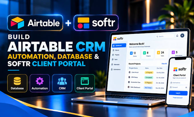 build airtable CRM, automation, database and softr client portal