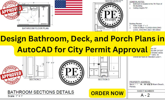 Design bathroom, deck, and porch plans in autocad for city permit ...