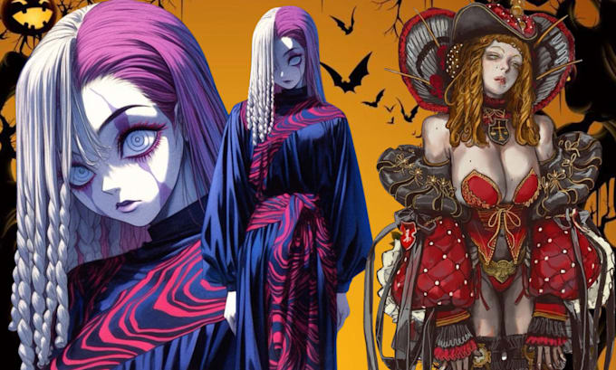 design halloween characters, horror poster, dark goth flyer in comic style