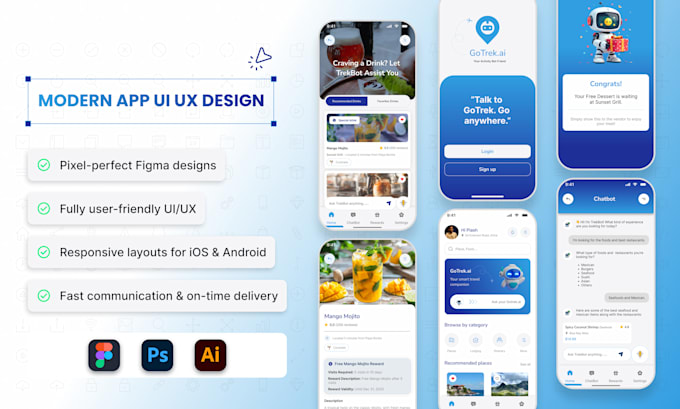 design user friendly ai, travel, finance, e commerce mobile app UI UX in figma
