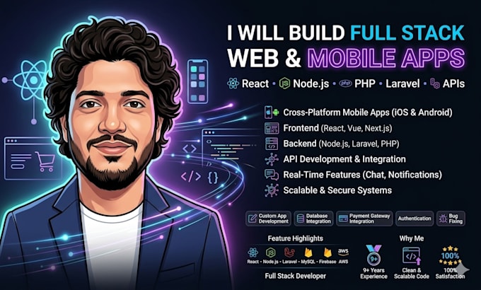 do full stack web n mobile app in react, nodejs, PHP, laravel, javasript and API