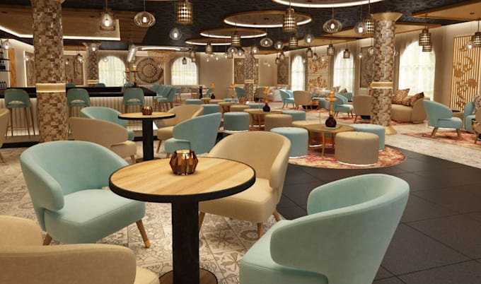 turn 2d cad to 3d restaurant modeling, render cafe shop, rooftop, bakery design