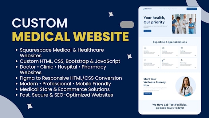 design medical, healthcare, doctor, clinic website on squarespace or HTML