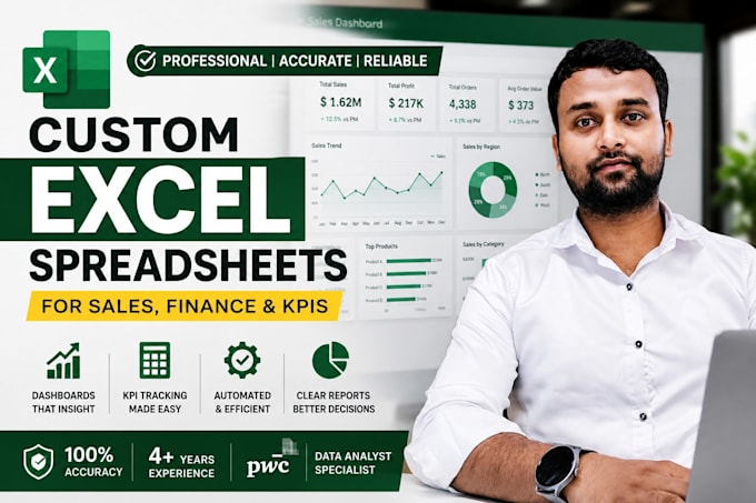 design custom excel spreadsheets for sales, finance, and kpis