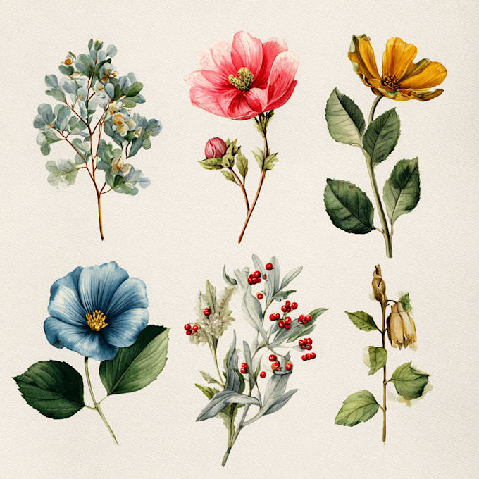 create digital botanical watercolor clipart