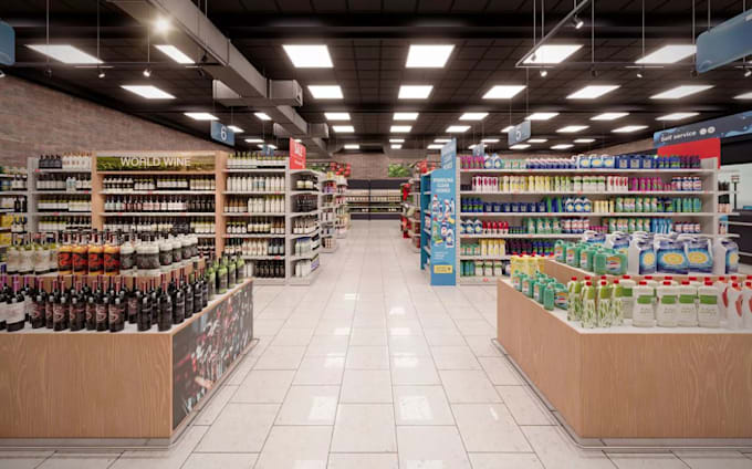 design 3d retail store, mall supermarket interior grocery store boutique lounge