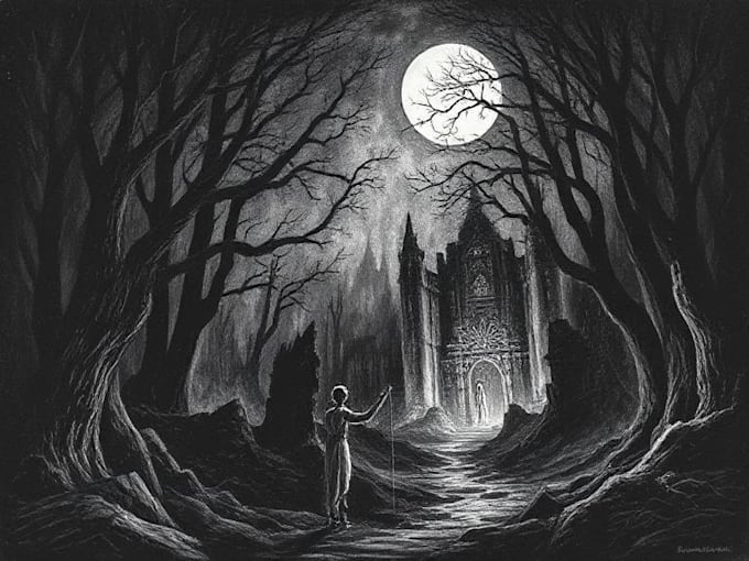 draw dark art illustration with engraving style