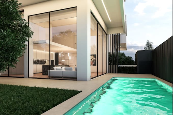 restyle modern contemporary luxury villa,private pool,landscaped garden renderin