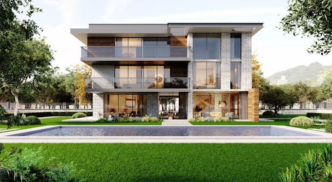 rebuild3d modern homes,casita design,duplex villa,front yard pool,balcony render