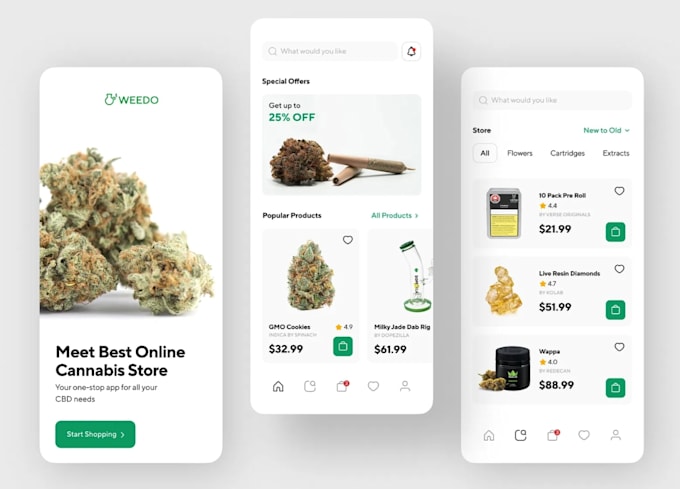 develop cannabis and cbd app, hemp, weed, marijuana marketplace website