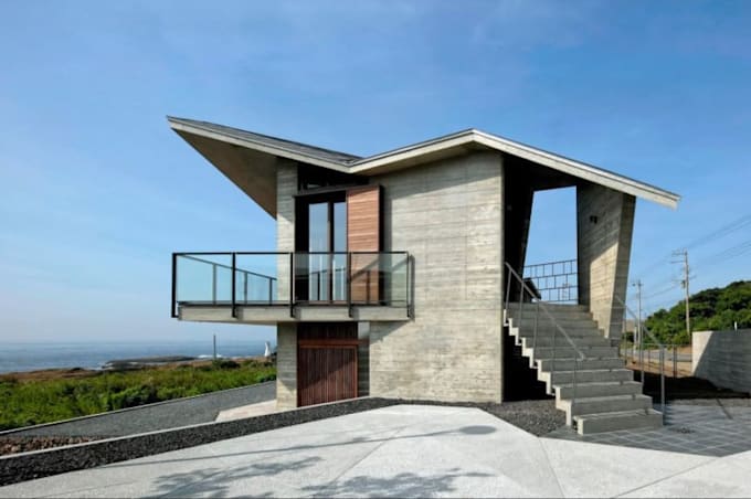 render coastal modern villa,timber cladding,rooftop solar panel,concrete facades