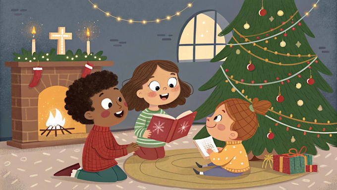 christmas book illustration, christmas children book, story book, christian book