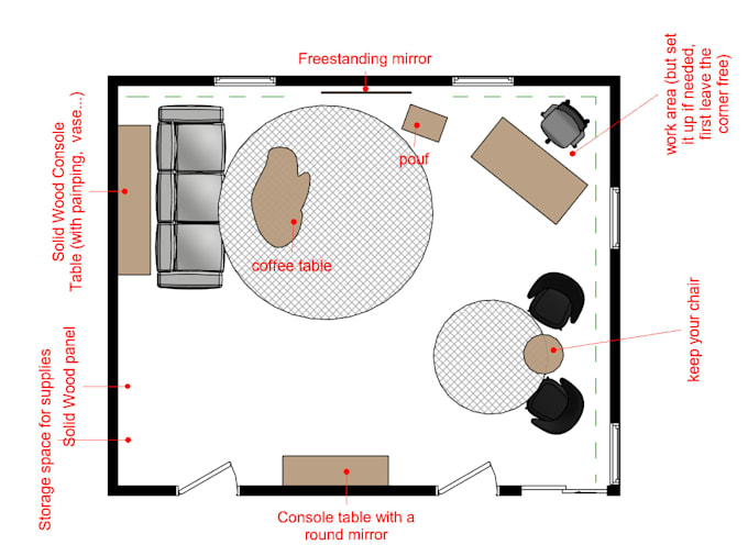 create a functional furniture layout and space planning for 1 room