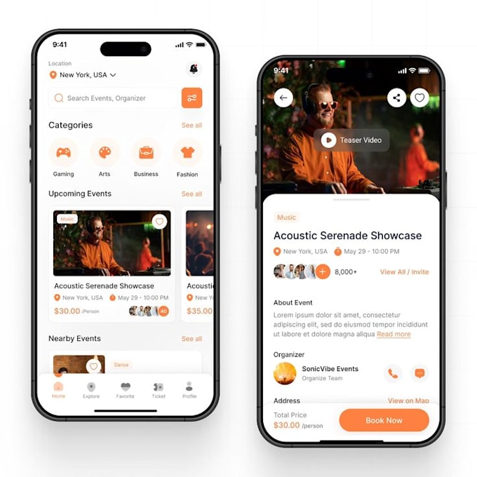 develop event booking app, ticket booking app, concert booking app