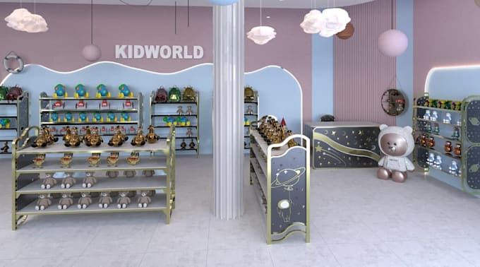 Render 3d modern kids toy store, interior shop layout, retail cgi ...