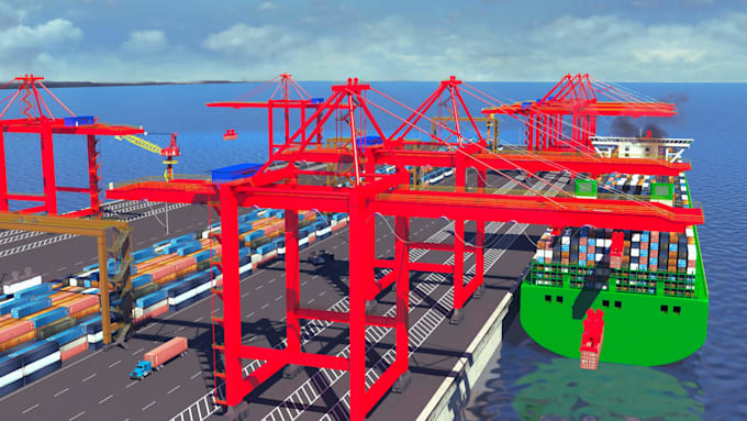 create 3d 3d container terminal, port terminal, ship yard design, seaport design