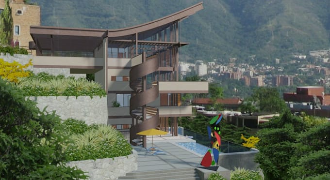 modernize 3d hillside resort, residential villa, 3d bird eye view, garden design