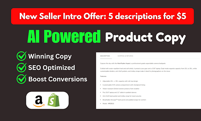write ai product descriptions with SEO for shopify and amazon