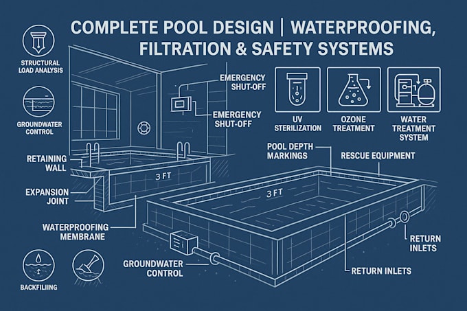 Design overflow, indoor and outdoor pools with waterproofing and ...