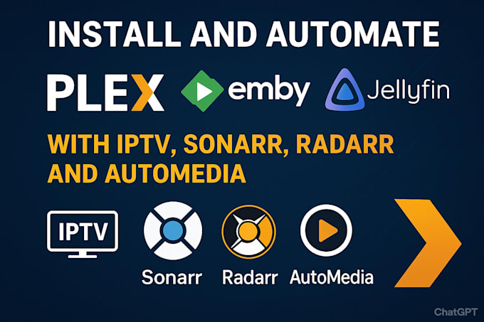 install,automate plex,emby or jellyfin, with iptv,sonarr ,raddar and automedia
