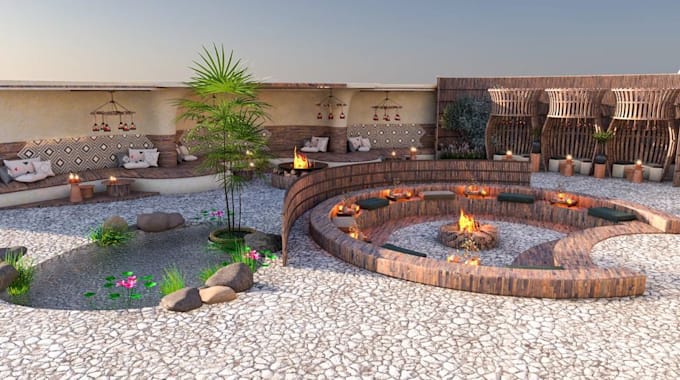 restyle restaurant outdoor, interior design, courtyard, pathways, layout, render