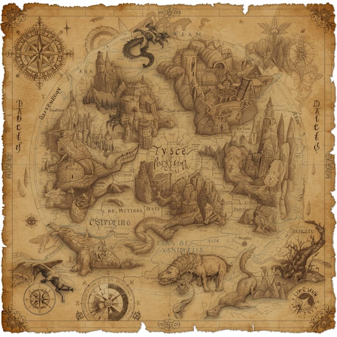 hand drawn vector fantasy map illustration city map