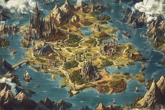 Unique hand drawn map illustration of cities, fantasy by Robertopittma ...