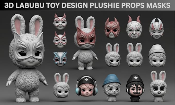 create 3d labubu toy design, plushie props, mask, figures custom accessories