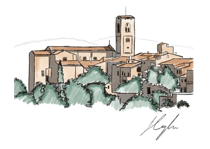 digital sketch and watercolor of houses and buildings