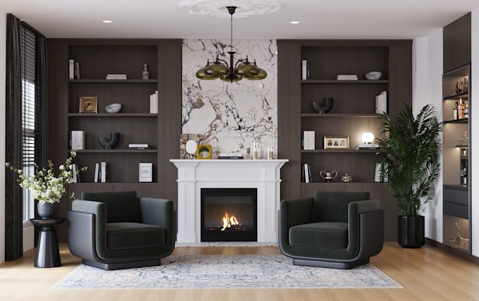create realistic 3d interior rendering for living room, bedroom, kitchen design