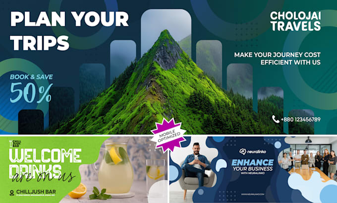 create a mobile safe, facebook cover and banner design