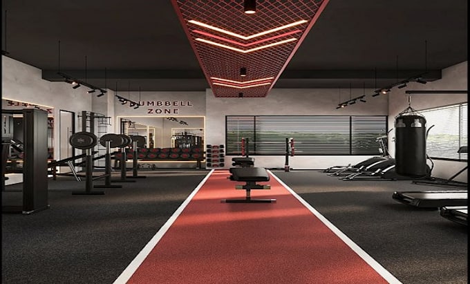 design modern gym interior render,fitness studio, hot yoga,weight lifting area