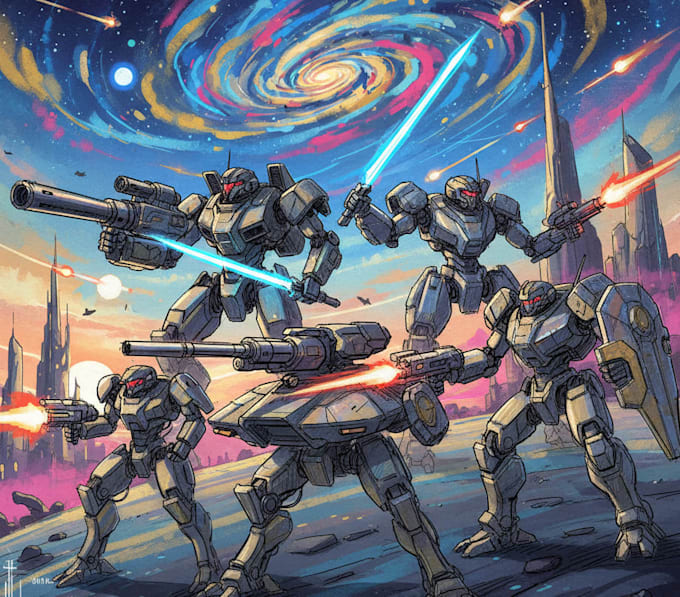 draw a gundam and mecha robot concept art
