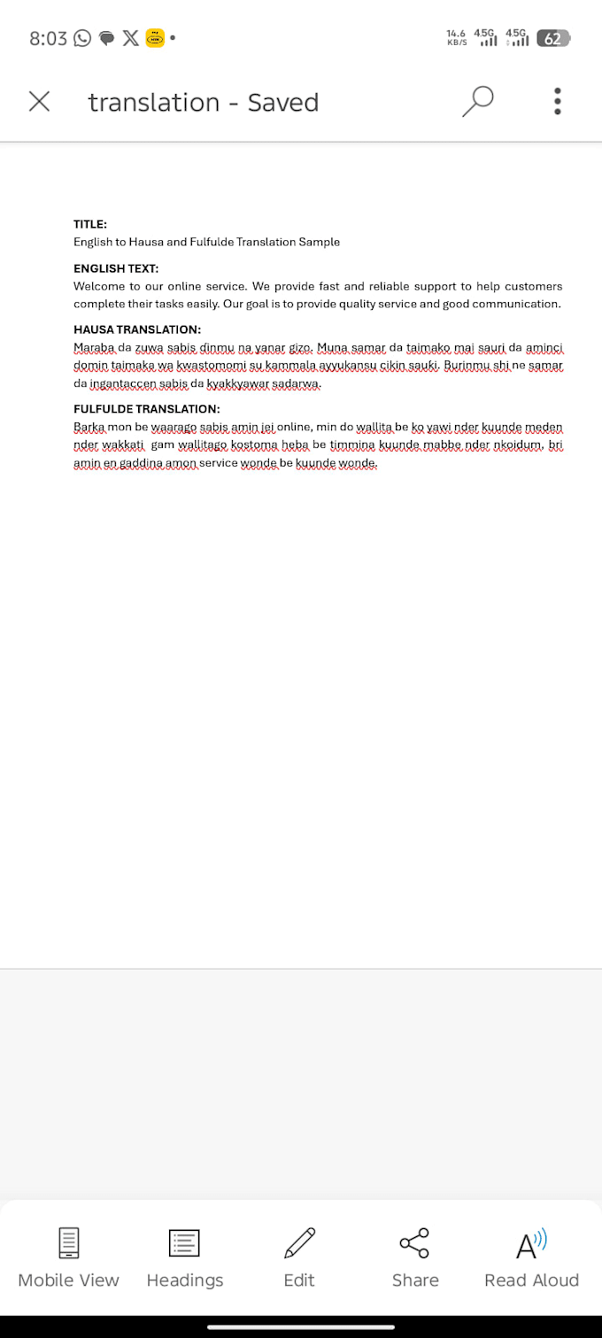 translate your documents from english to hausa and fulfulde