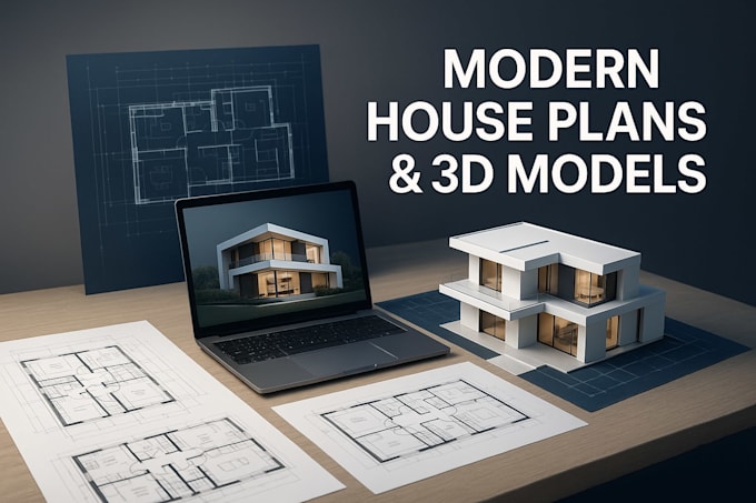 Progetti moderni di case residenziali, modelli 3d e disegni architettonici