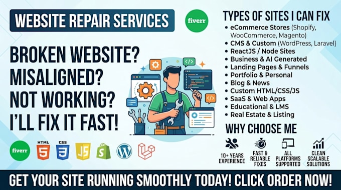 fix any website problem in HTML, CSS, js in any plateform