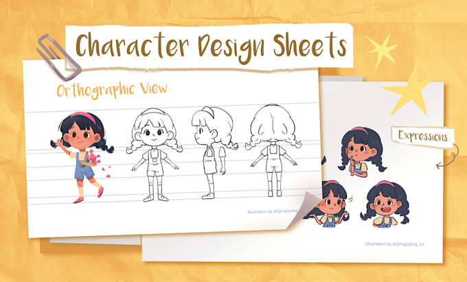 draw character design, orthographic, turnaround and expressions
