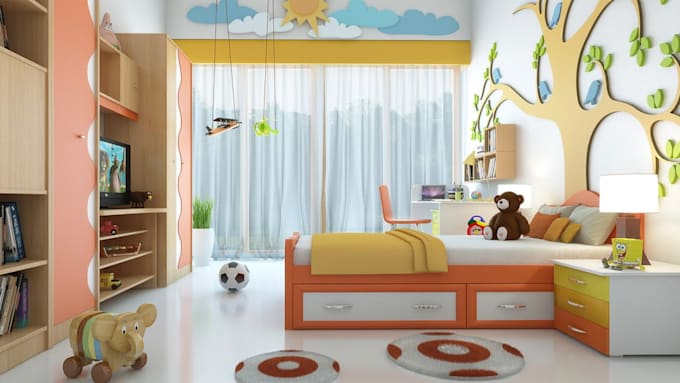 redesign 3d interior, cgi kid bedroom, playroom design, stunning interior render