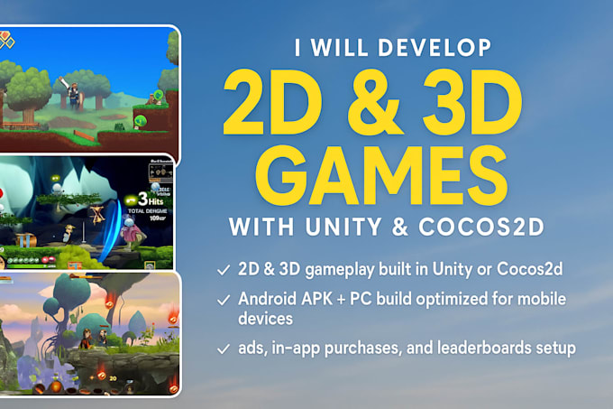 create 2d, 3d game dev, video games, using cocos2d or unity for mobile and PC