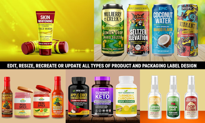 edit, resize, update, or redesign, product packaging and label design