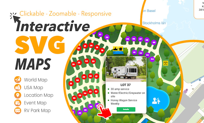 clickable interactive vector or svg map of USA, site plan, rv park, world map