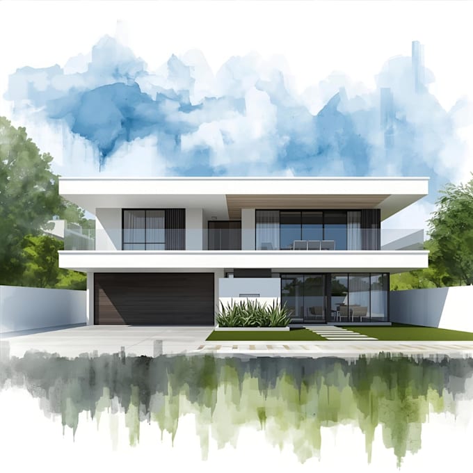 sketch architecture building with watercolor rendering