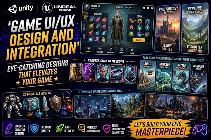 design game UI UX, hud, menus, animation for unreal engine or unity game